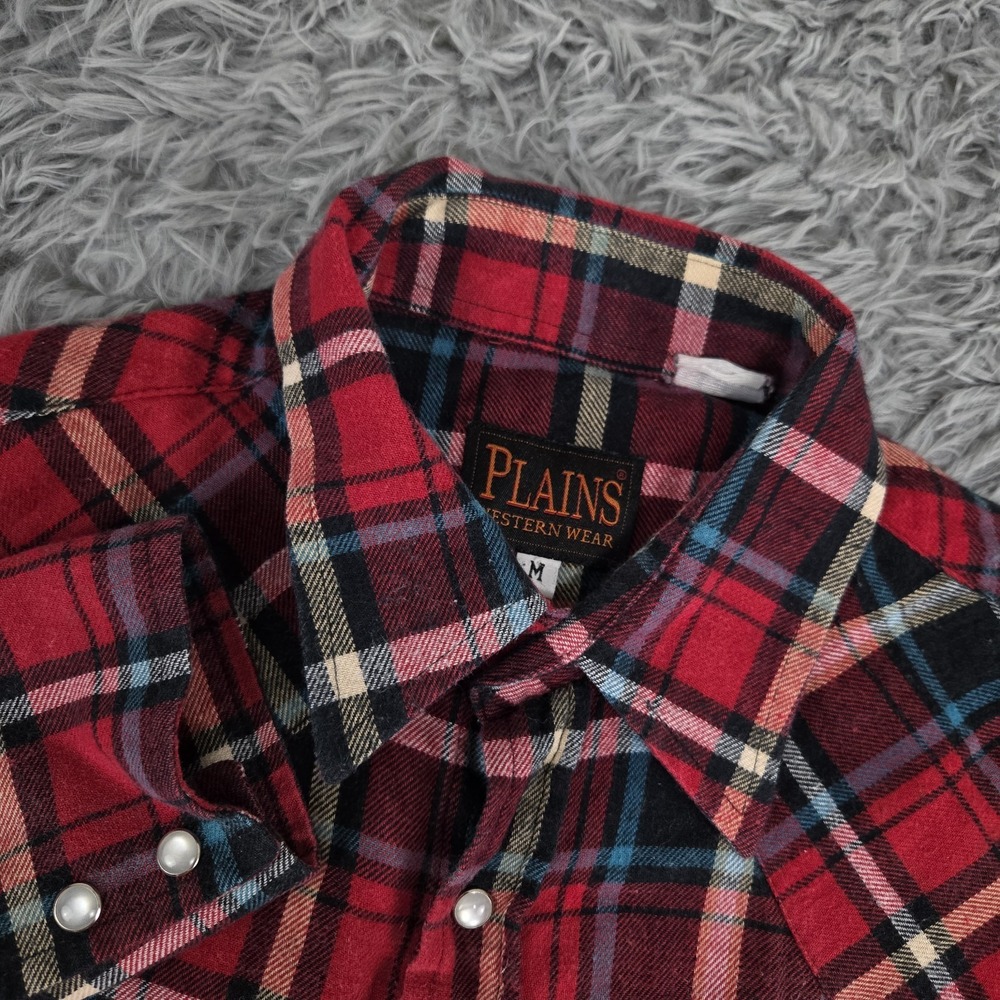 Plains Mens‎ Medium Red Plaid Pearl Snap Long Sleeve Flannel Western Shirt